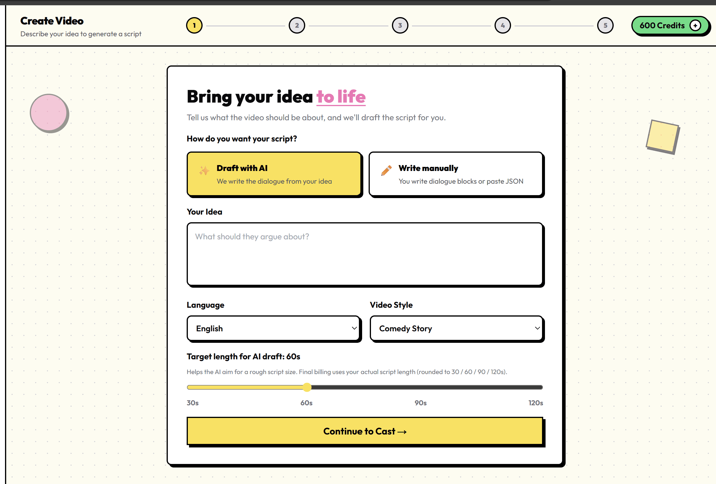 Intake flow — idea input, Draft with AI selected, Comedy Story style